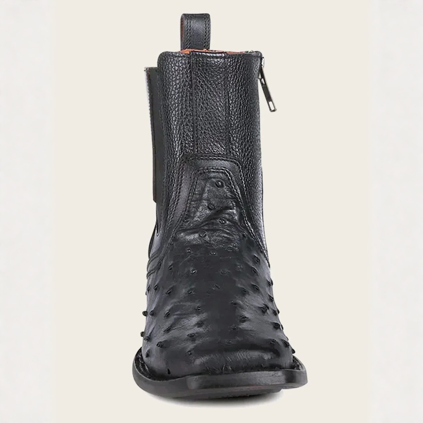 Front view of Cuadra Black Ostrich Zipper & Elastic Square Toe Boot