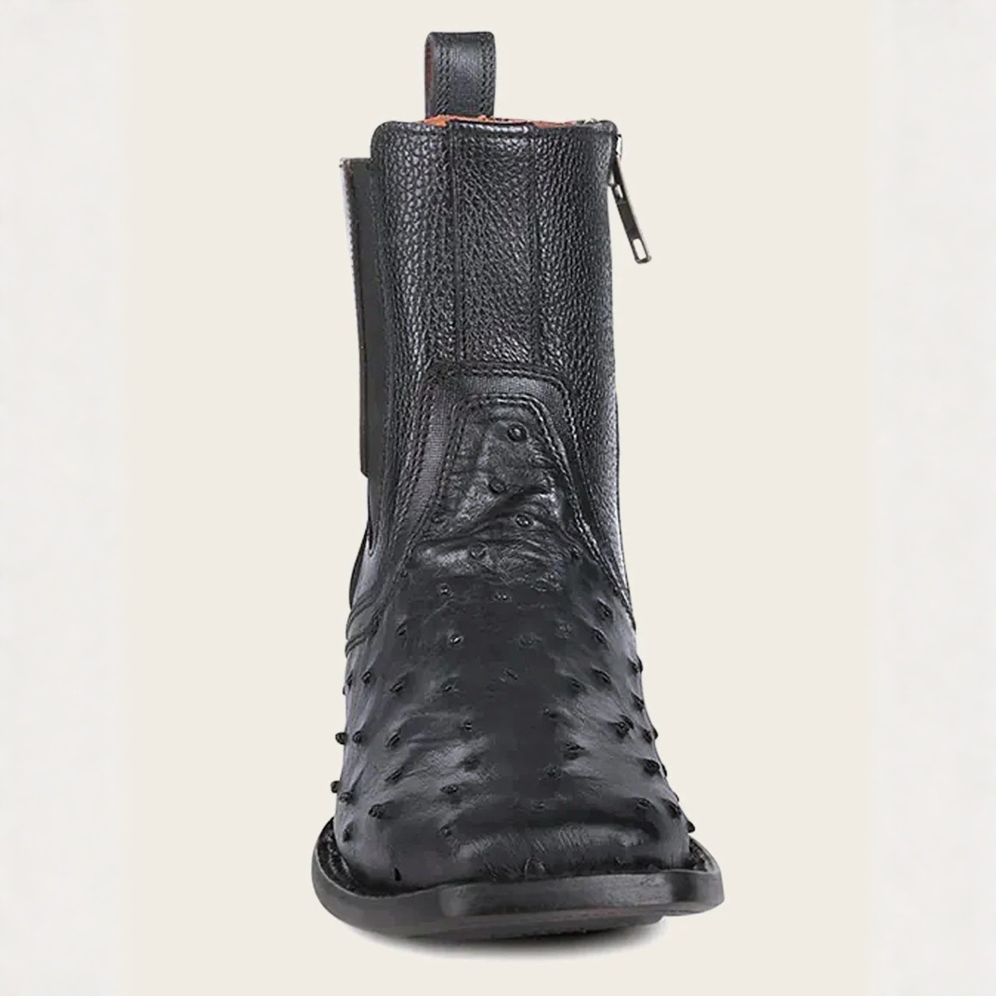 Front view of Cuadra Black Ostrich Zipper & Elastic Square Toe Boot