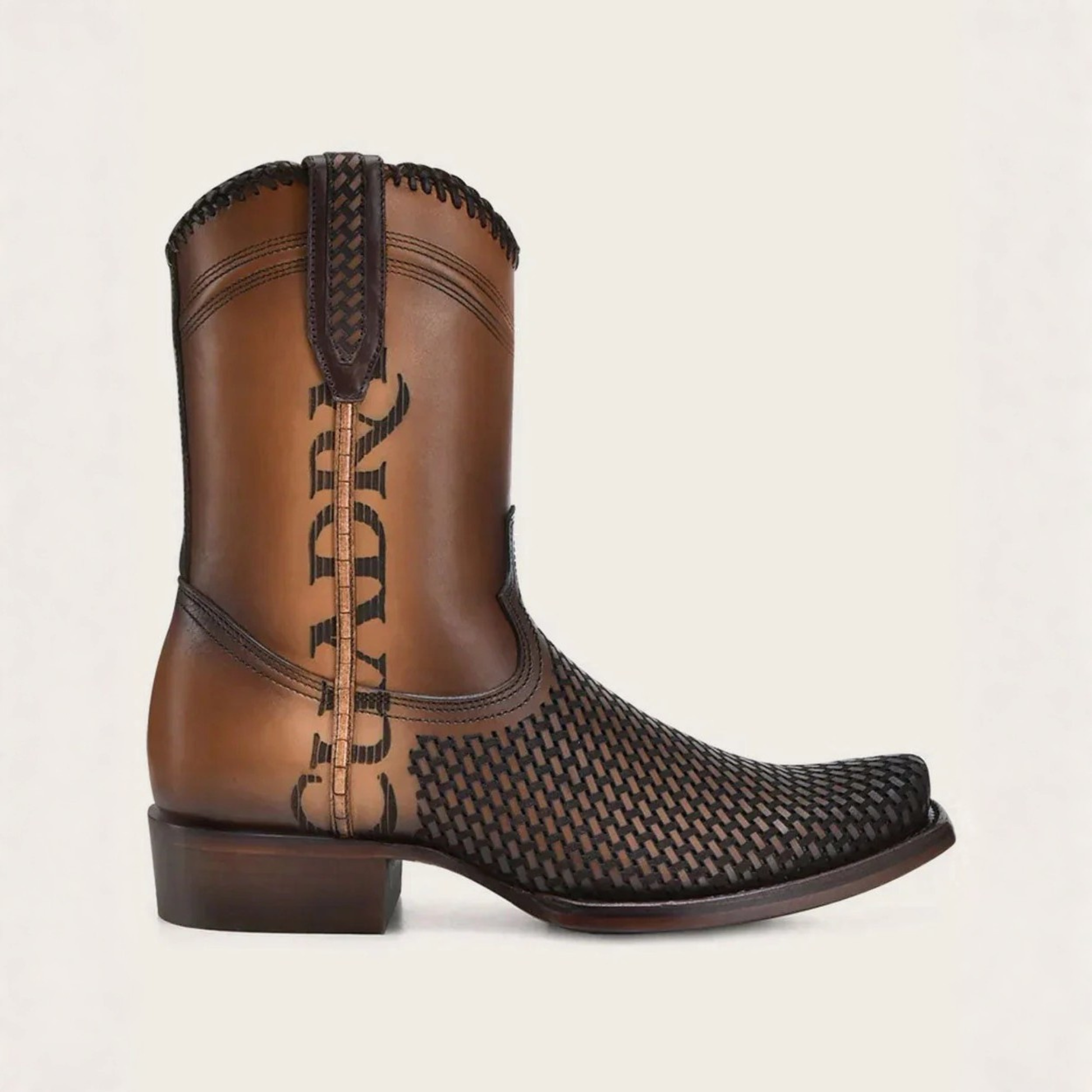Opposite side profile view of Cuadra Denver Brown Laser & Woven Narrow Square Toe Boot