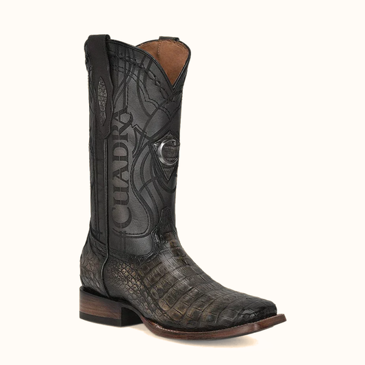 Cuadra Atlantic Sand Caiman embroidery square toe western boot angle side view