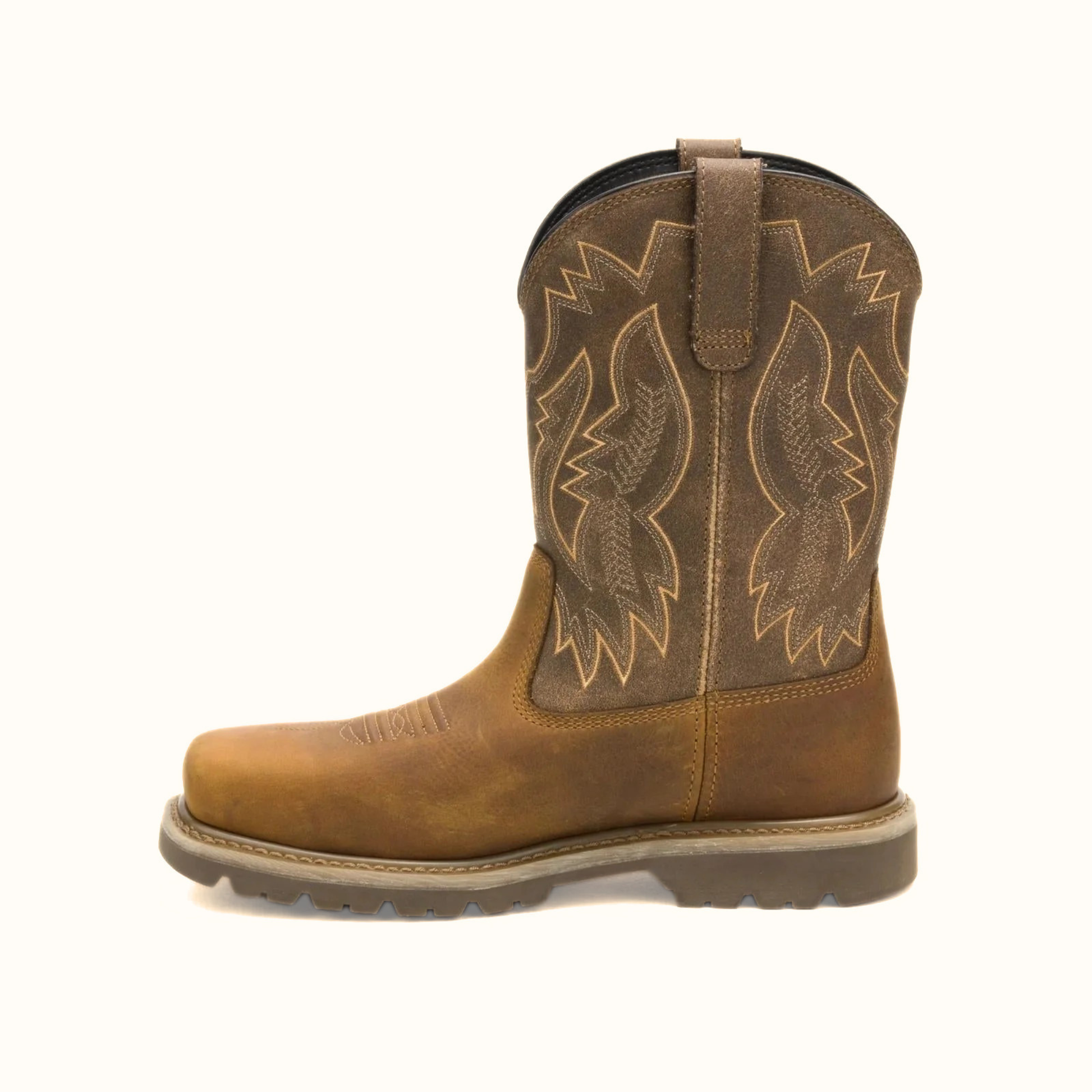 CAT Colorado Frontier Steel Toe Boot side view in beige leather with stitched shaft