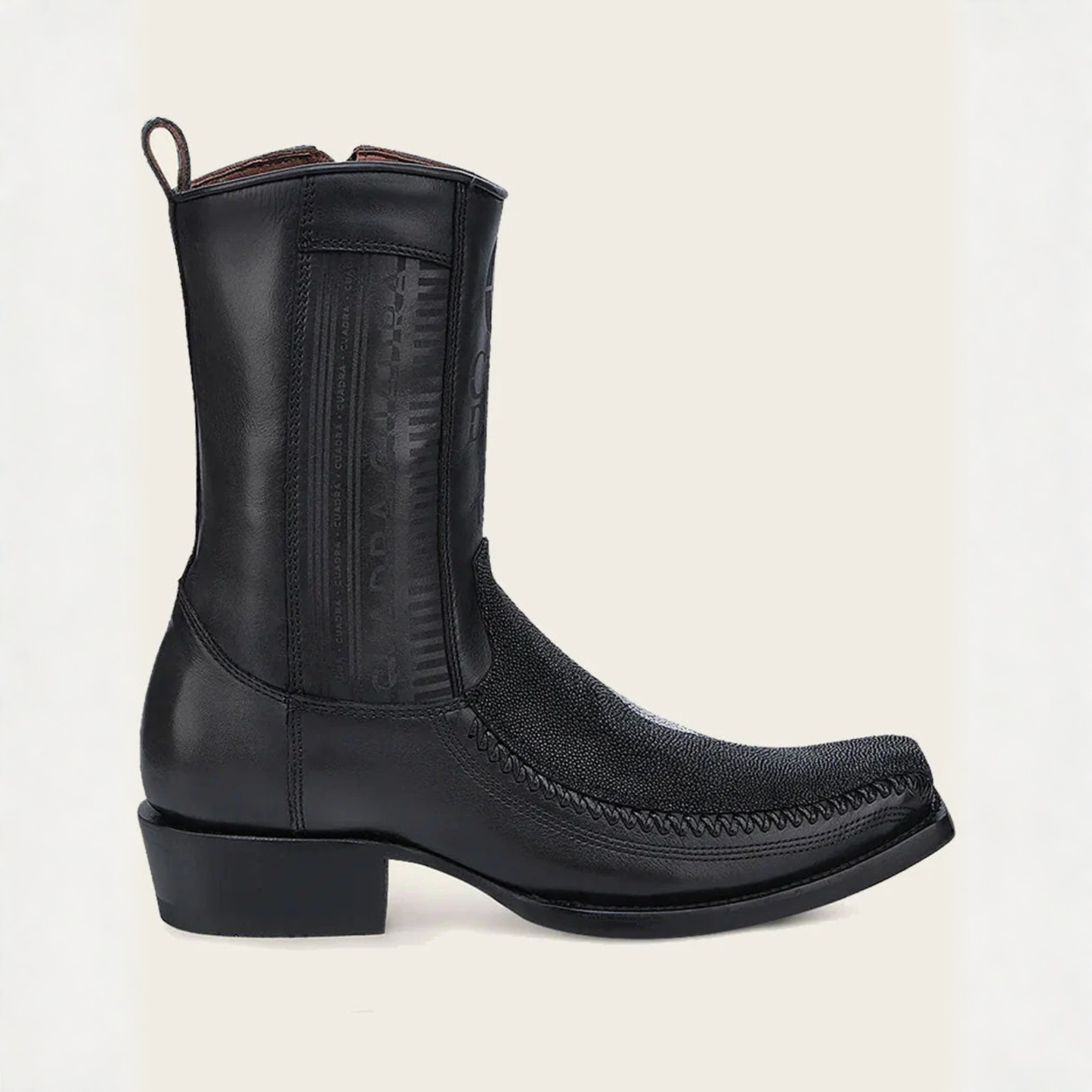 Opposite side profile view of Cuadra Engraved Black Stingray Cowboy Boot