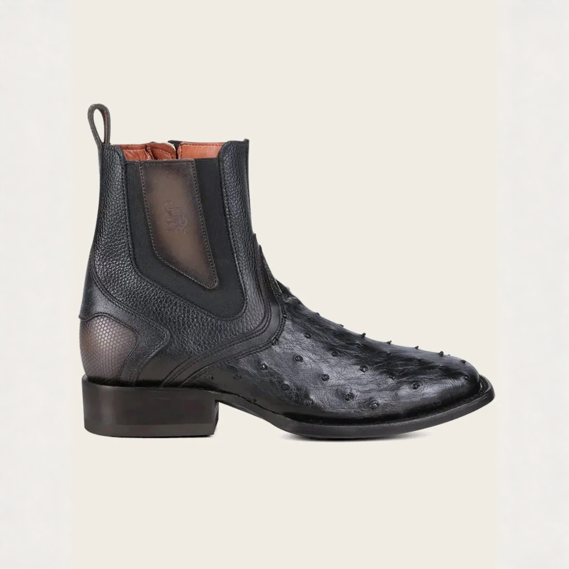 Opposite side profile view of Cuadra Black Ostrich Zipper & Elastic Square Toe Boot