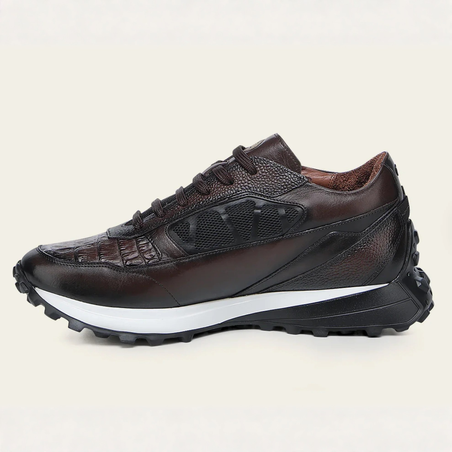 Cuadra Genuine Cayman Leather Sneakers side view in dark brown leather