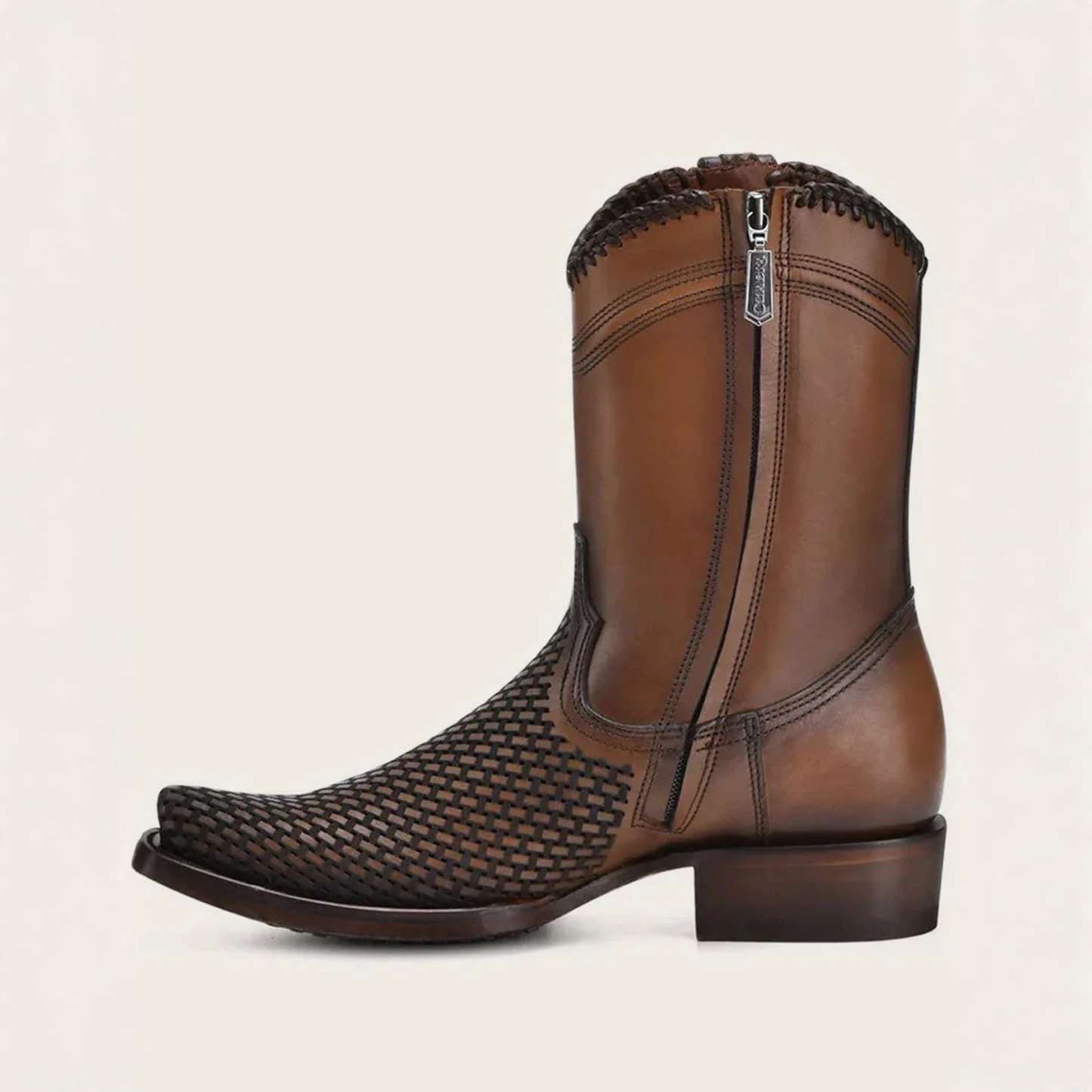 Side profile view of Cuadra Denver Brown Laser & Woven Narrow Square Toe Boot