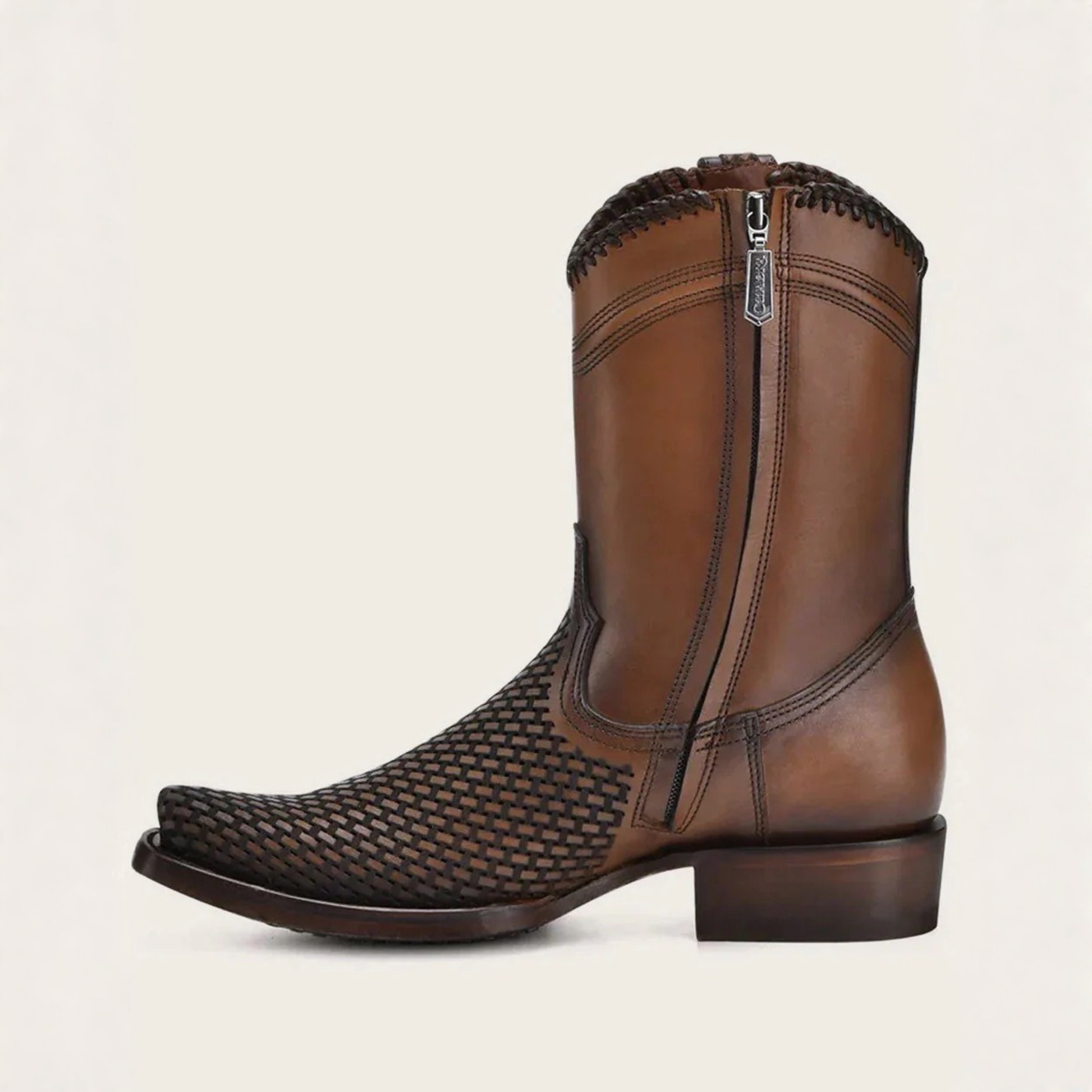 Side profile view of Cuadra Denver Brown Laser & Woven Narrow Square Toe Boot