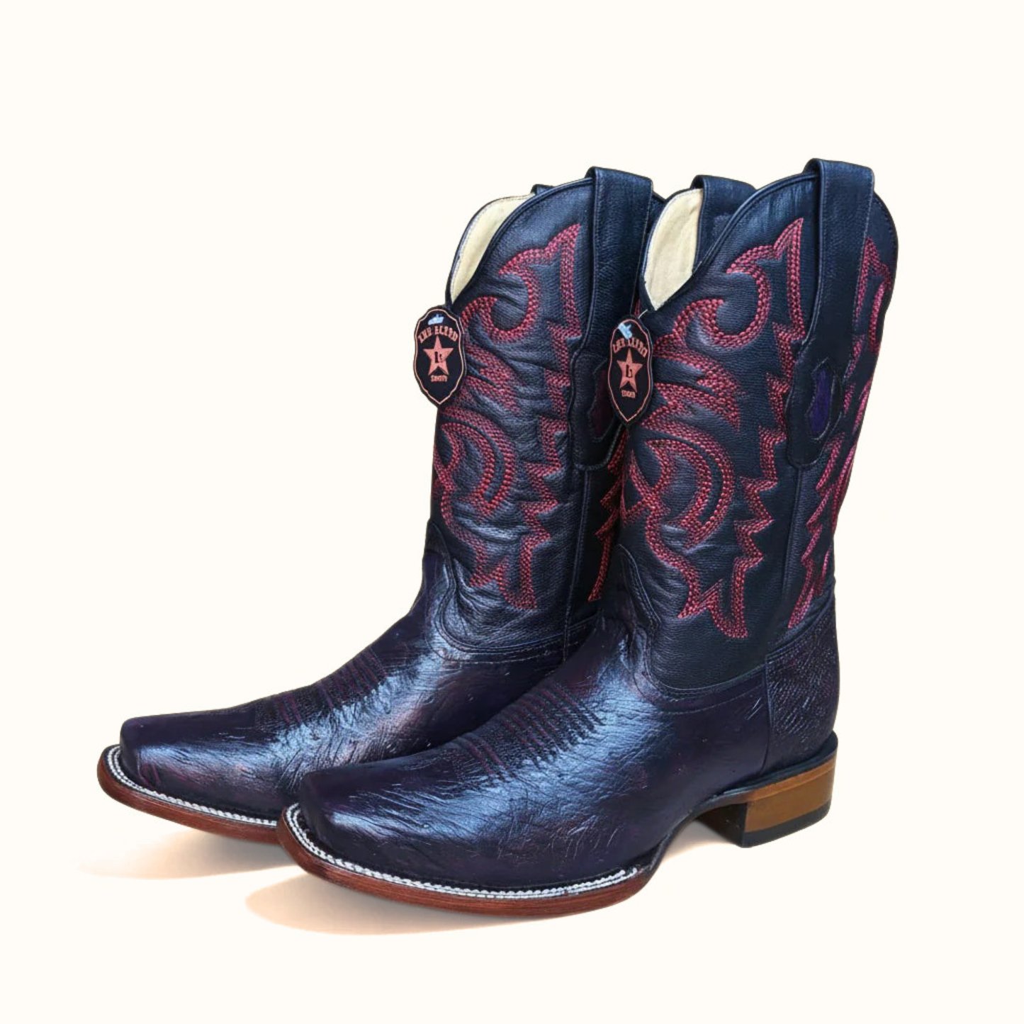 Los Altos smooth ostrich black cherry rodeo square toe boot front angle pair