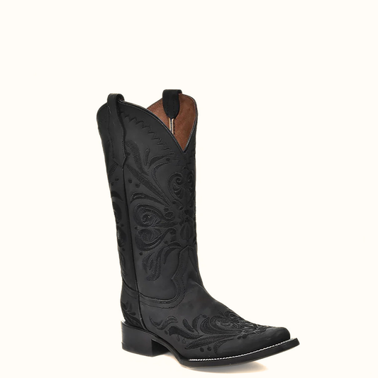 Front angled view of Corral Black Embroidered Square Toe Cowboy Boots