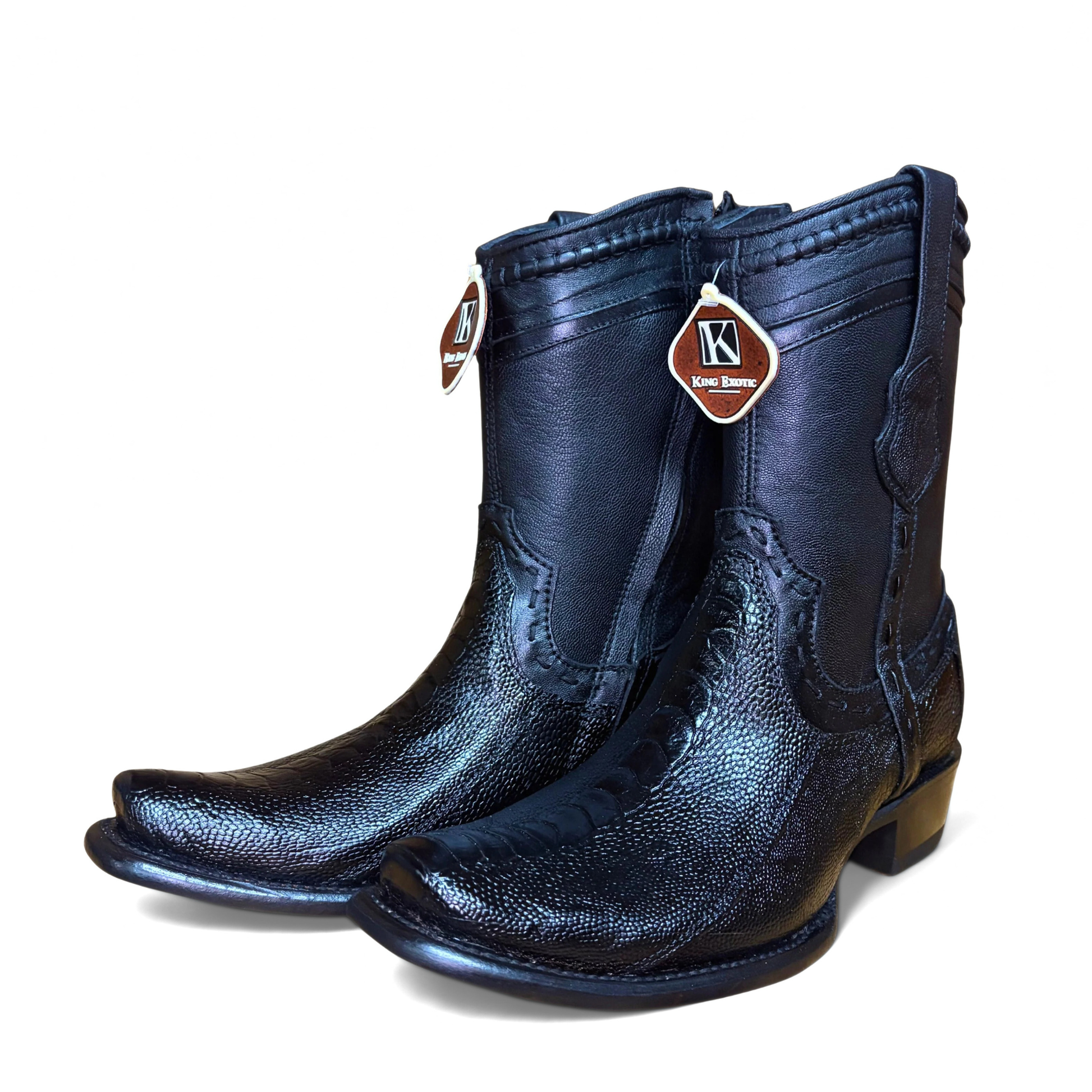 King Exotic Black Ostrich Leg Dubai Short Boot pair standing view