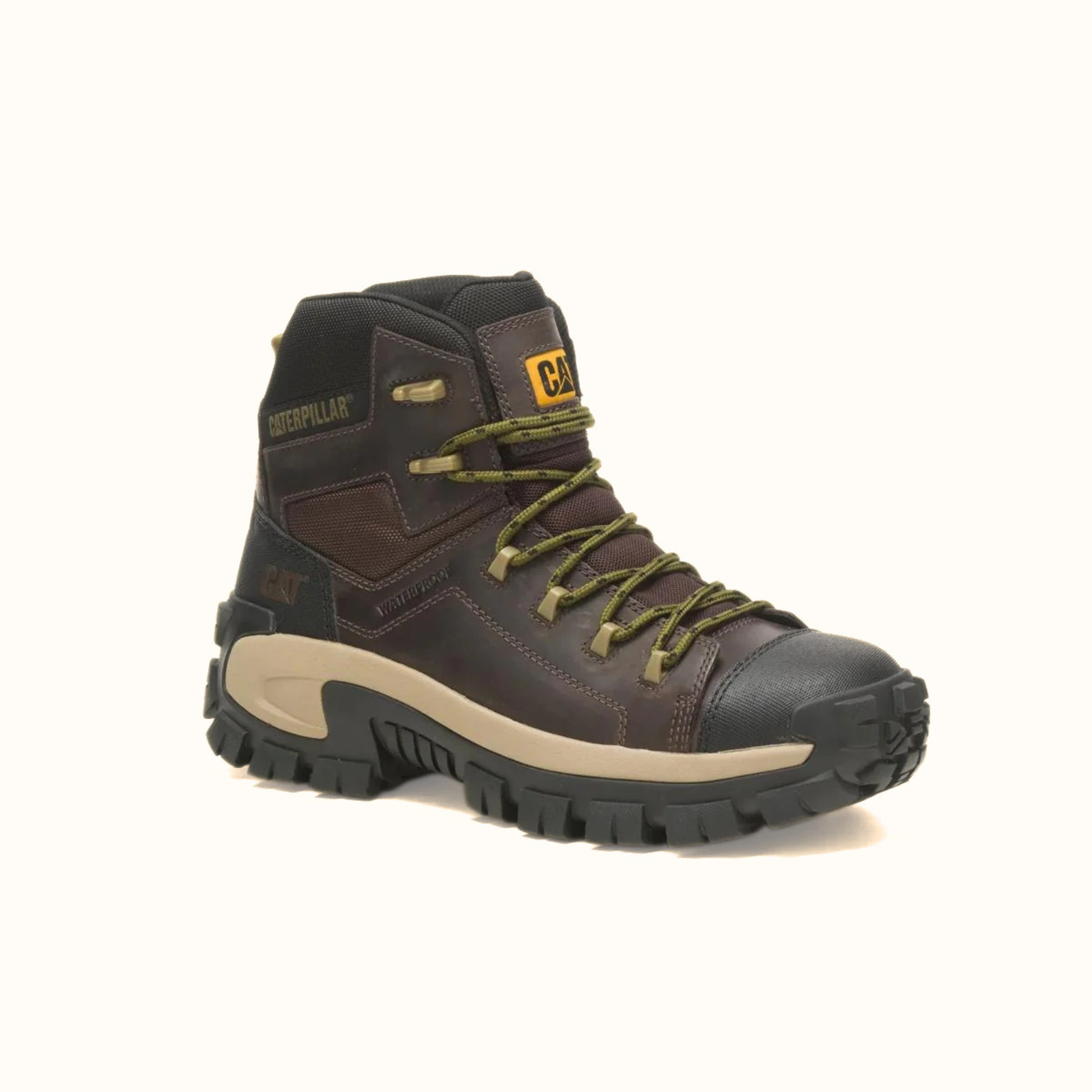 Front angled view of CAT Invader Comp Toe Waterproof Hiker Work Boot in brown