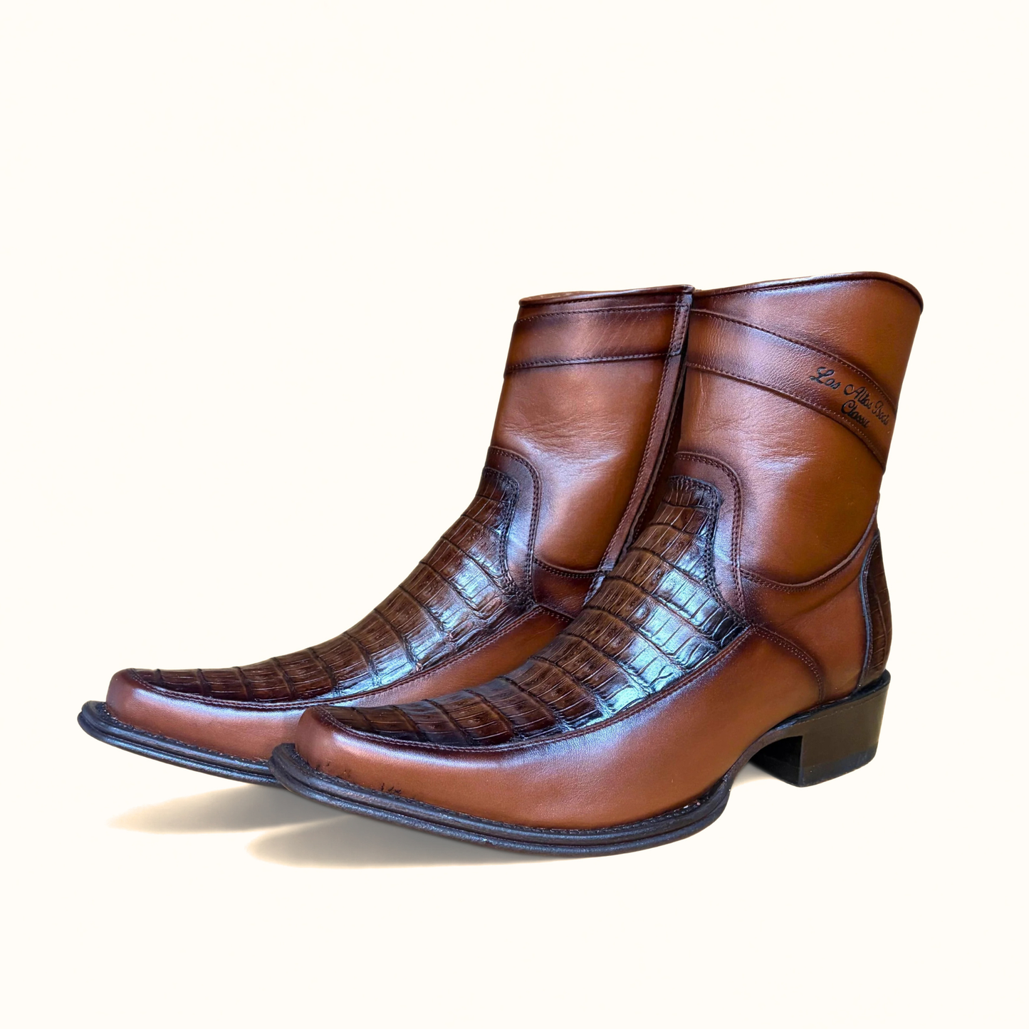 Los Altos Faded Brown Caiman Belly Narrow Square Toe Boot angle pair view