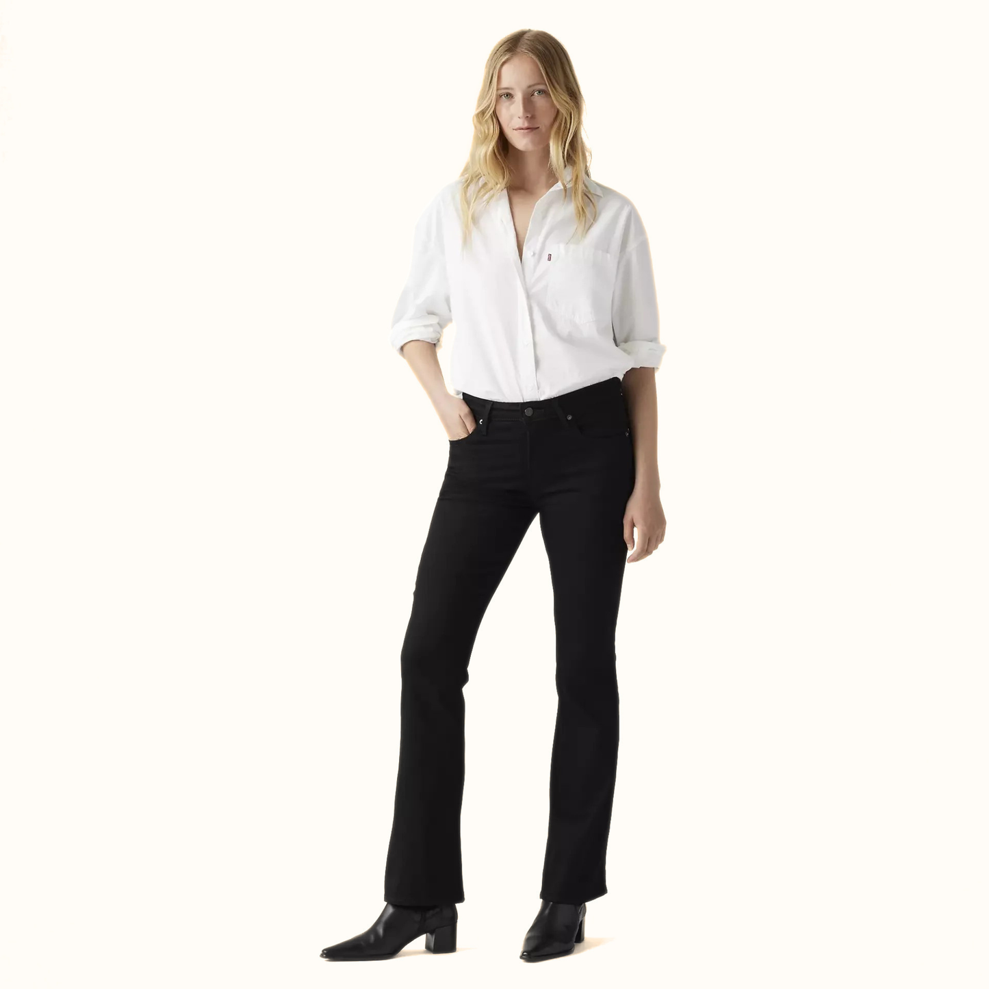 Levi’s 725 High Rise Bootcut Jeans shown on model in black denim