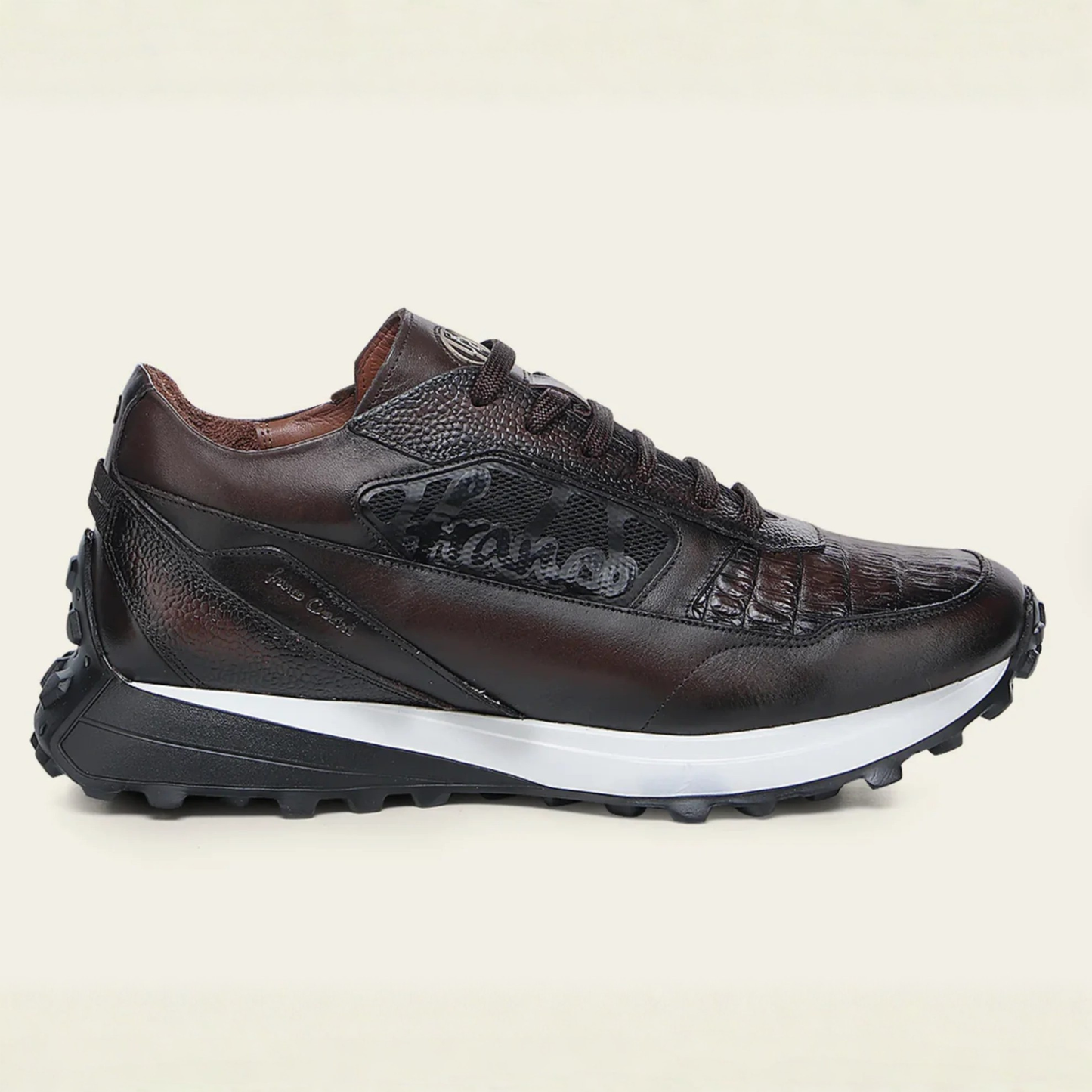 Cuadra Genuine Cayman Leather Sneakers opposite side view in dark brown leather