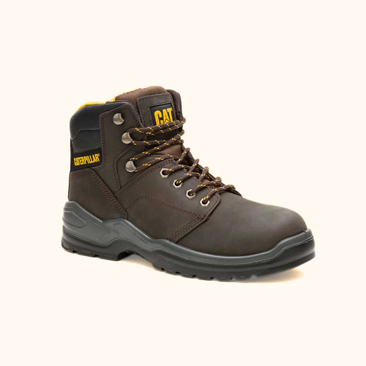 Front angled view of CAT Striver Work Boot in brown