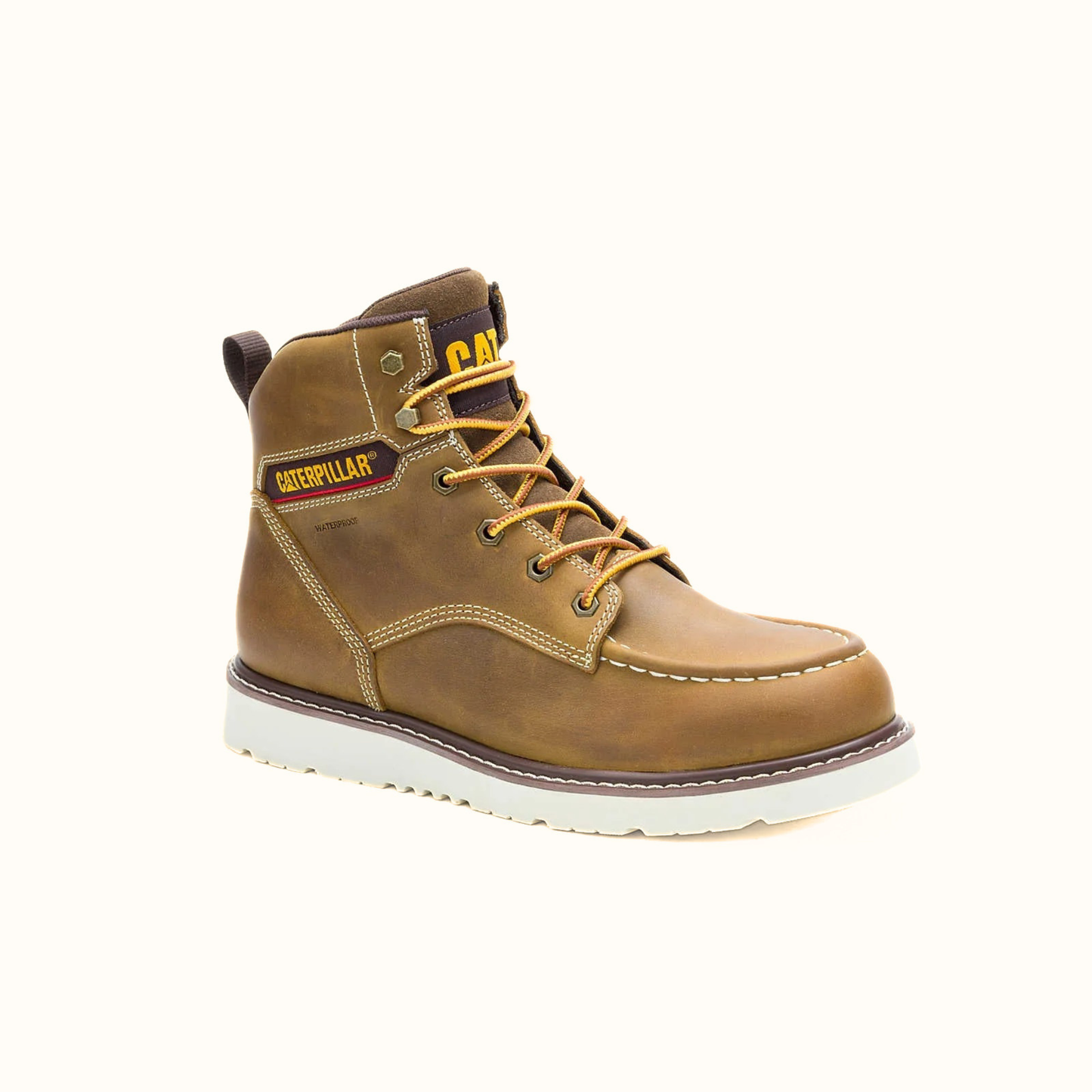 CAT Reclaimer waterproof wedge work boot brown leather angled view