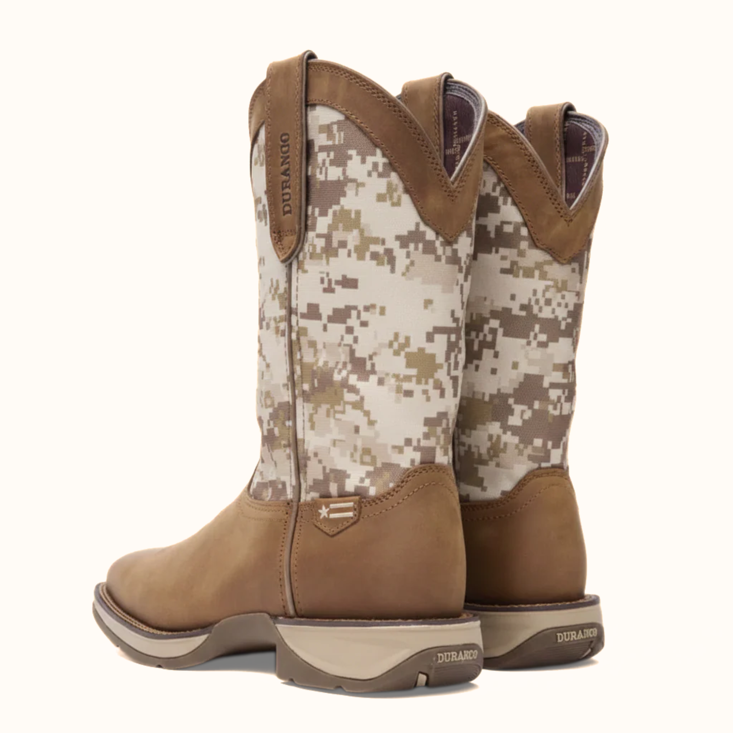 Pair of Durango Rebel Desert Camo Pull-On Western Boot back view with pull straps