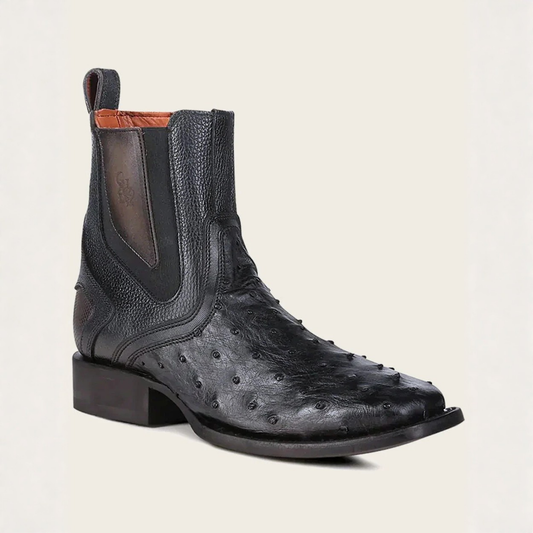 Front angled view of Cuadra Black Ostrich Zipper & Elastic Square Toe Boot