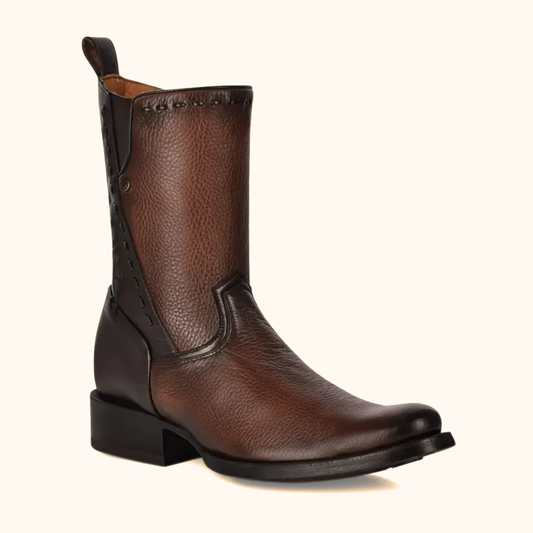 Front angled view of Cuadra Maple Deer Laser & Woven Round Boot in brown