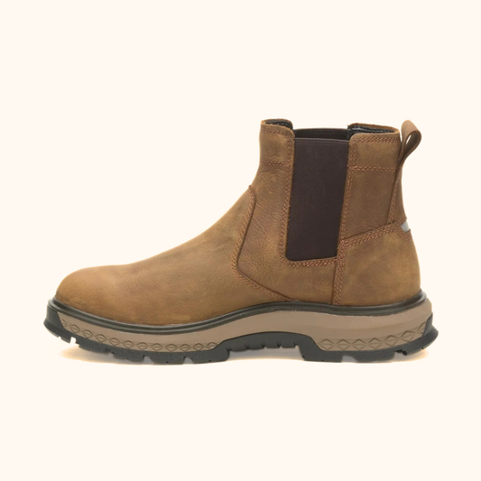 CAT Exposition Chelsea Work Boot side view in beige leather