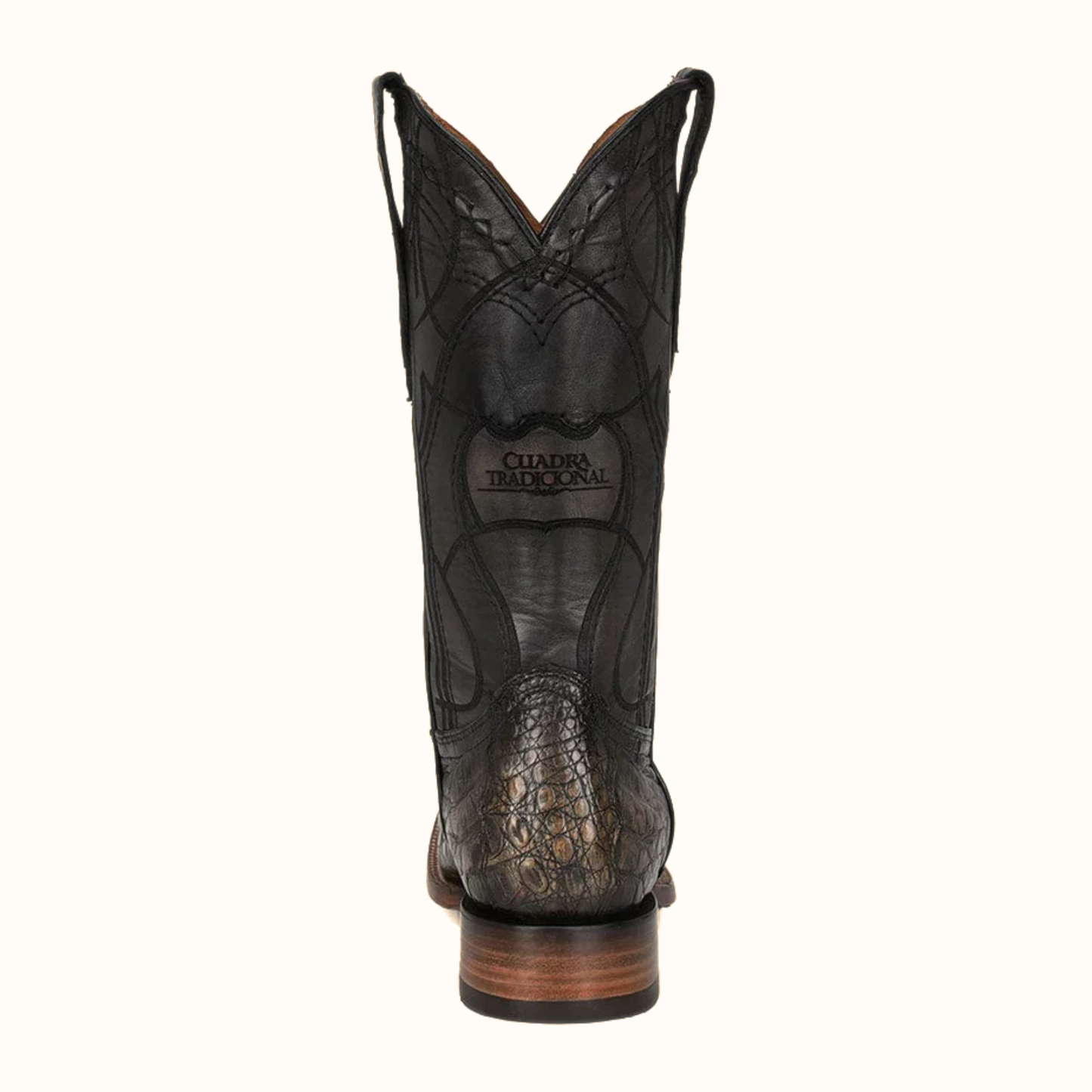 Cuadra Atlantic Sand Caiman embroidery square toe western boot rear view