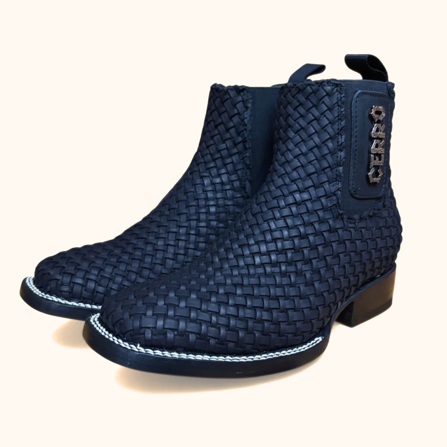 Cerro Petatillo Negro black square toe boot angled front pair view