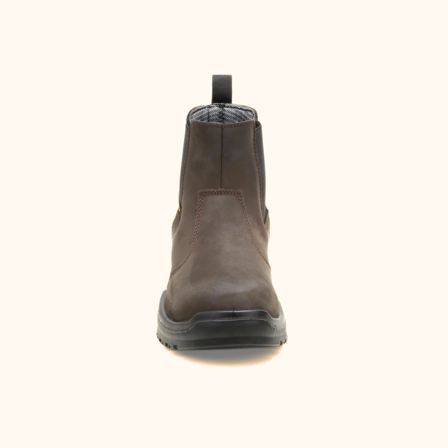 CAT Striver Chelsea Waterproof Steel Toe Work Boot front view showing toe shape