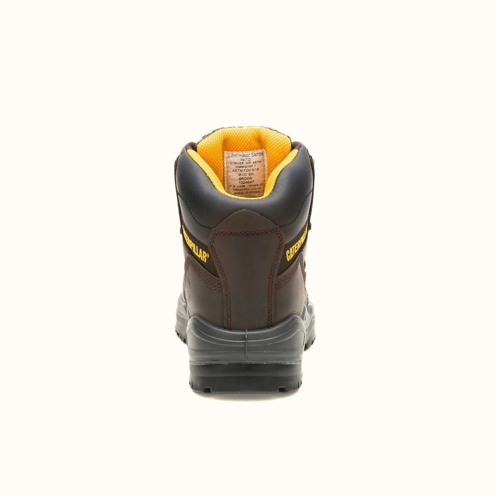 CAT Striver Waterproof Steel Toe Work Boot brown rear view