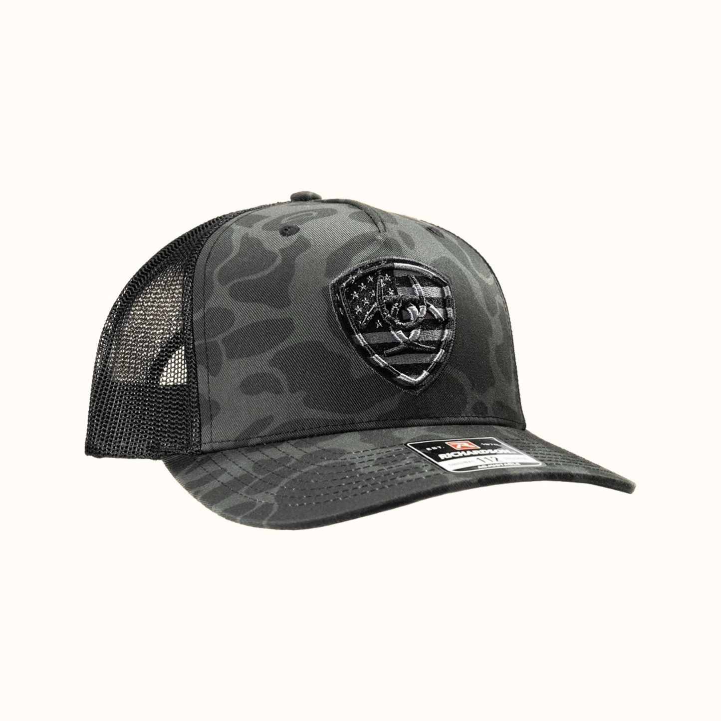 Ariat Camo Shield Snapback Cap Black Grey front angle view
