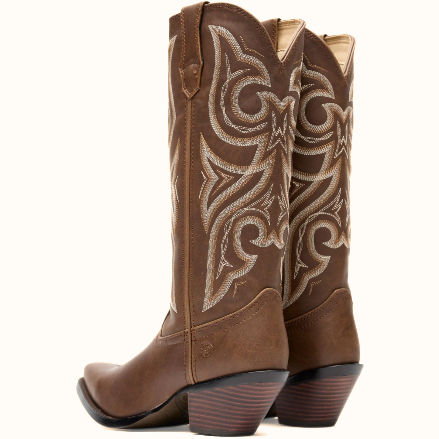 Pair of Crush by Durango Milk Chocolate Western Boot back view with stitched shaft detail