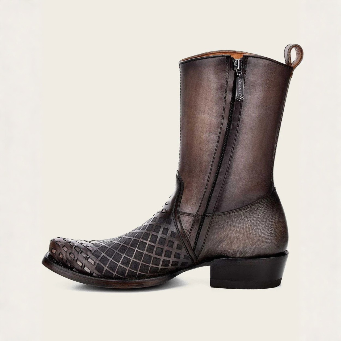 Grey Laser & Woven Narrow Square Toe Boot