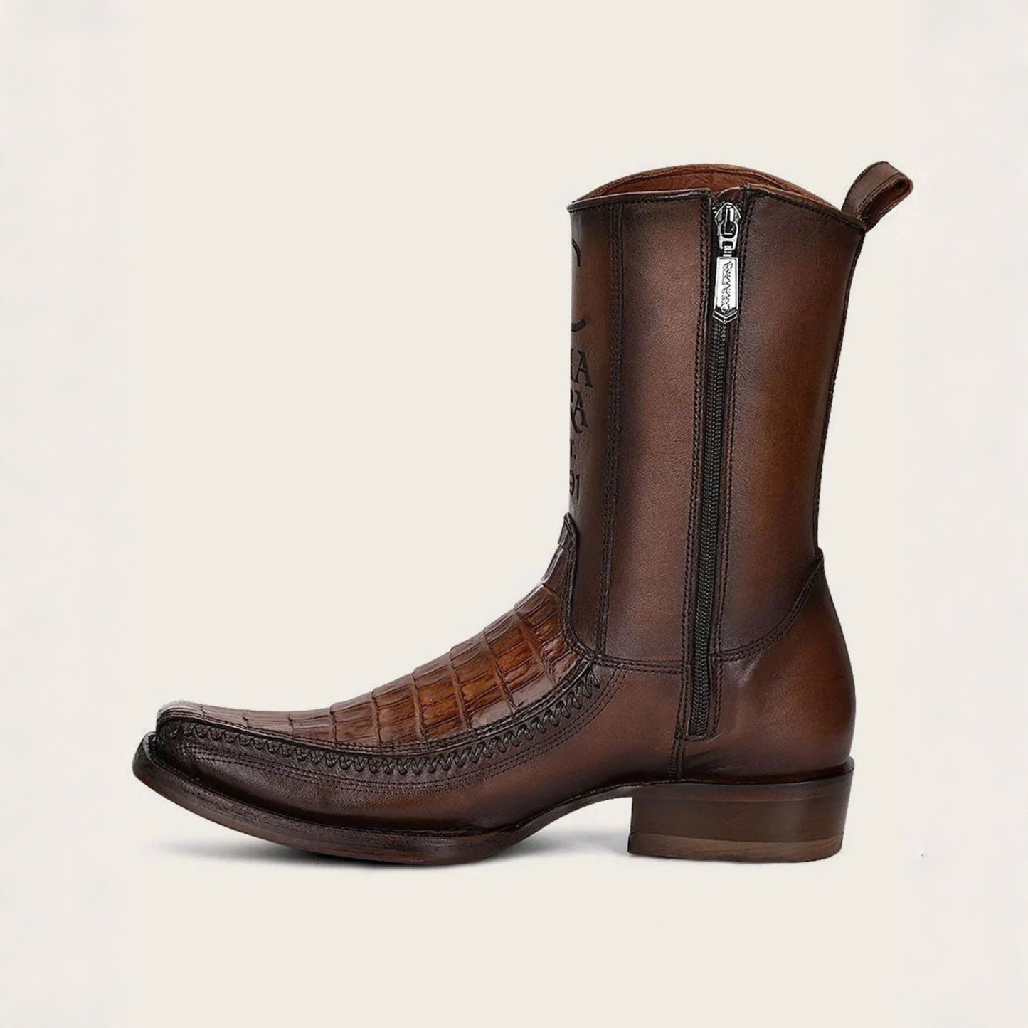 Side profile view of Cuadra Caiman Laser & Woven Narrow Square Toe Boot