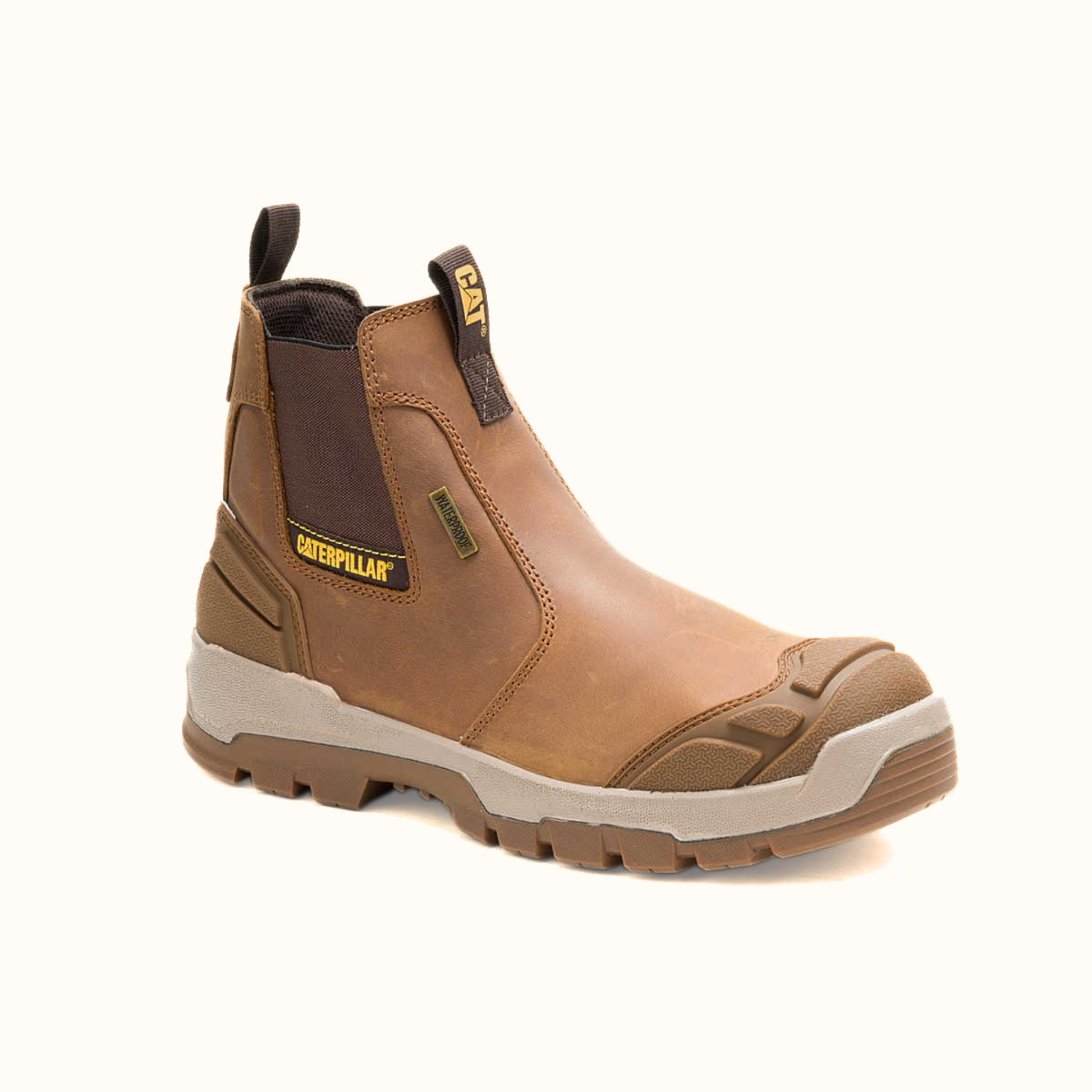 CAT Striver XL Chelsea Waterproof Steel Toe Work Boot brown angle view