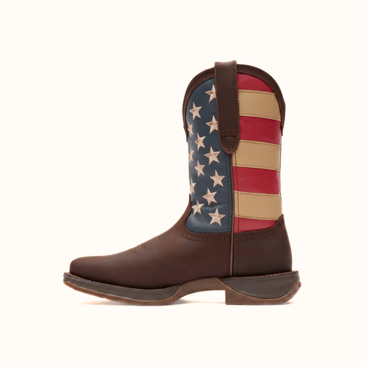 Durango Rebel Patriotic Pull-On Western Flag Boot side view in brown with American flag shaft