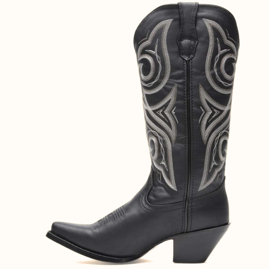 Crush by Durango Black Beauty Western Boot side view in black leather with embroidered shaft