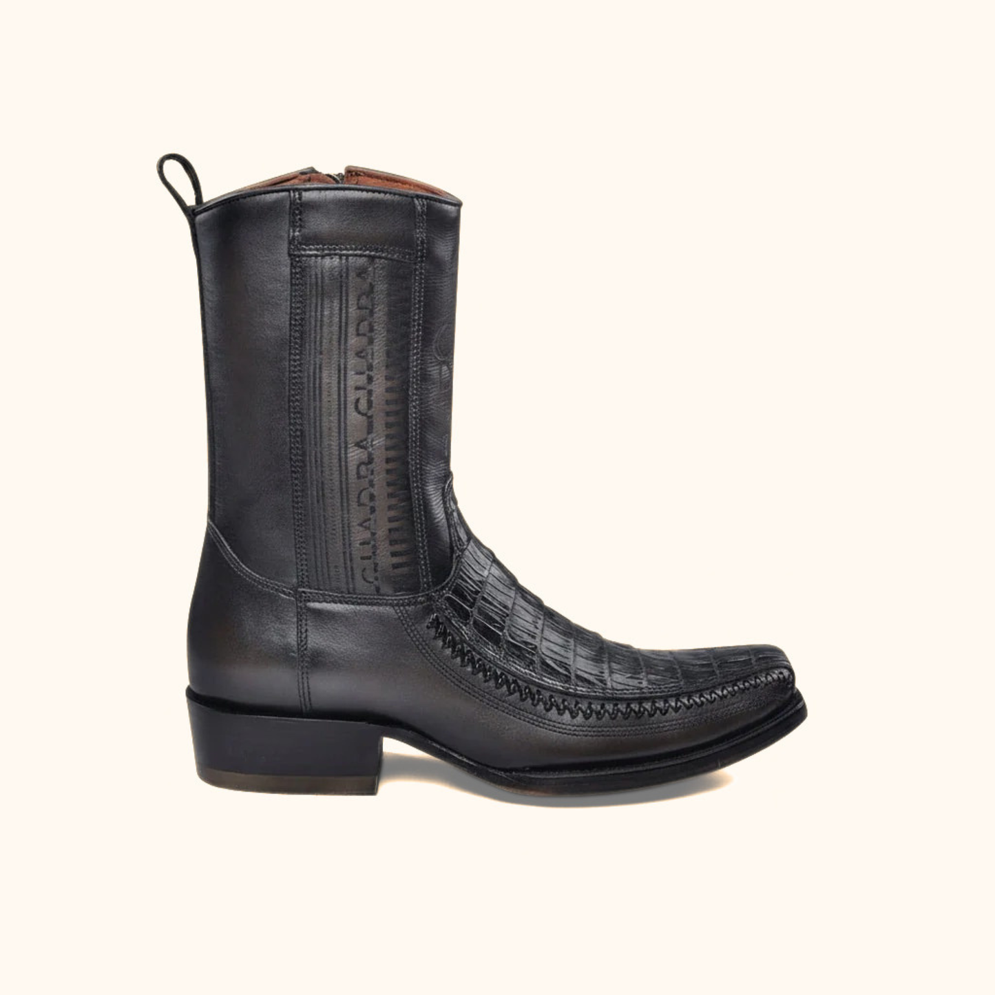 Opposite side profile view of Cuadra Plunge Black Caiman Laser & Woven Narrow Square Toe Boot