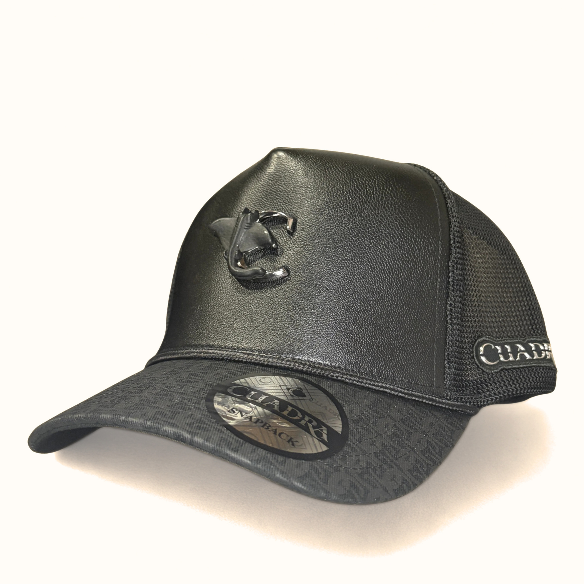 Cuadra Leather Logo Snapback Cap Black front angle view
