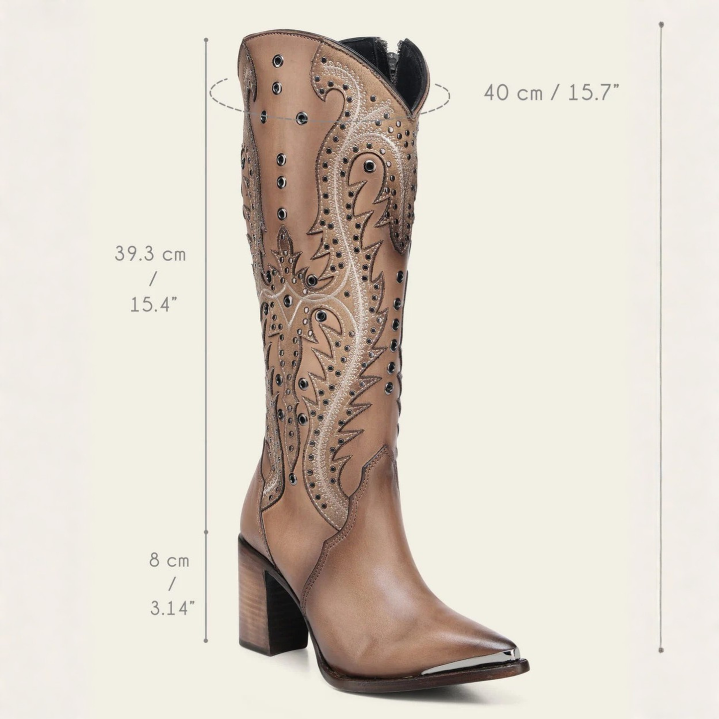 Cuadra Tall Western Style Brown Boot angled profile view with dimensions