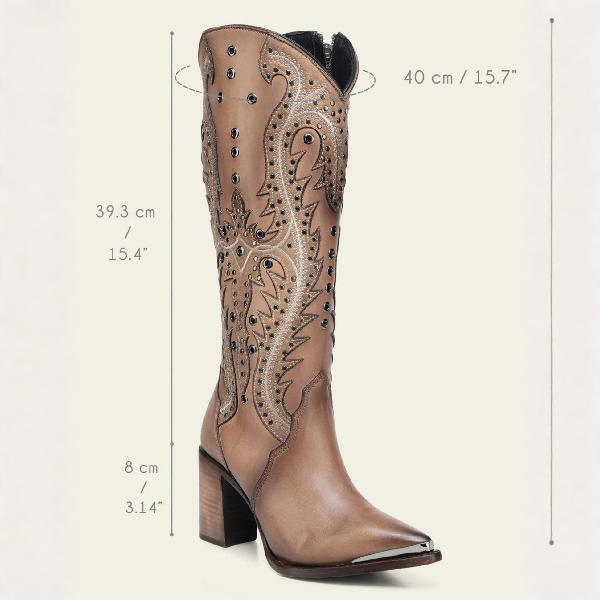 Cuadra Tall Western Style Brown Boot angled profile view with dimensions