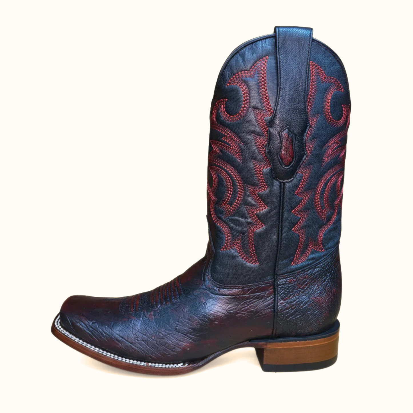 Side profile of Los Altos black cherry smooth ostrich Western boot
