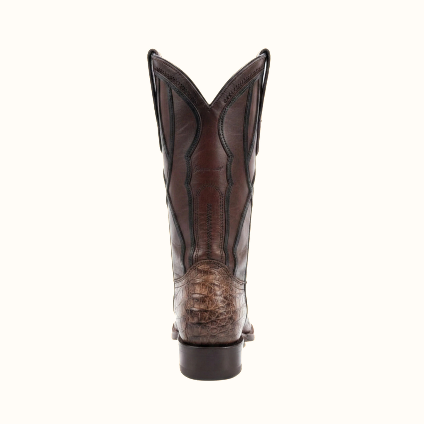 Cuadra Men’s Brown Caiman Embroidery and Woven Narrow Square Toe Boot back view with stitched shaft