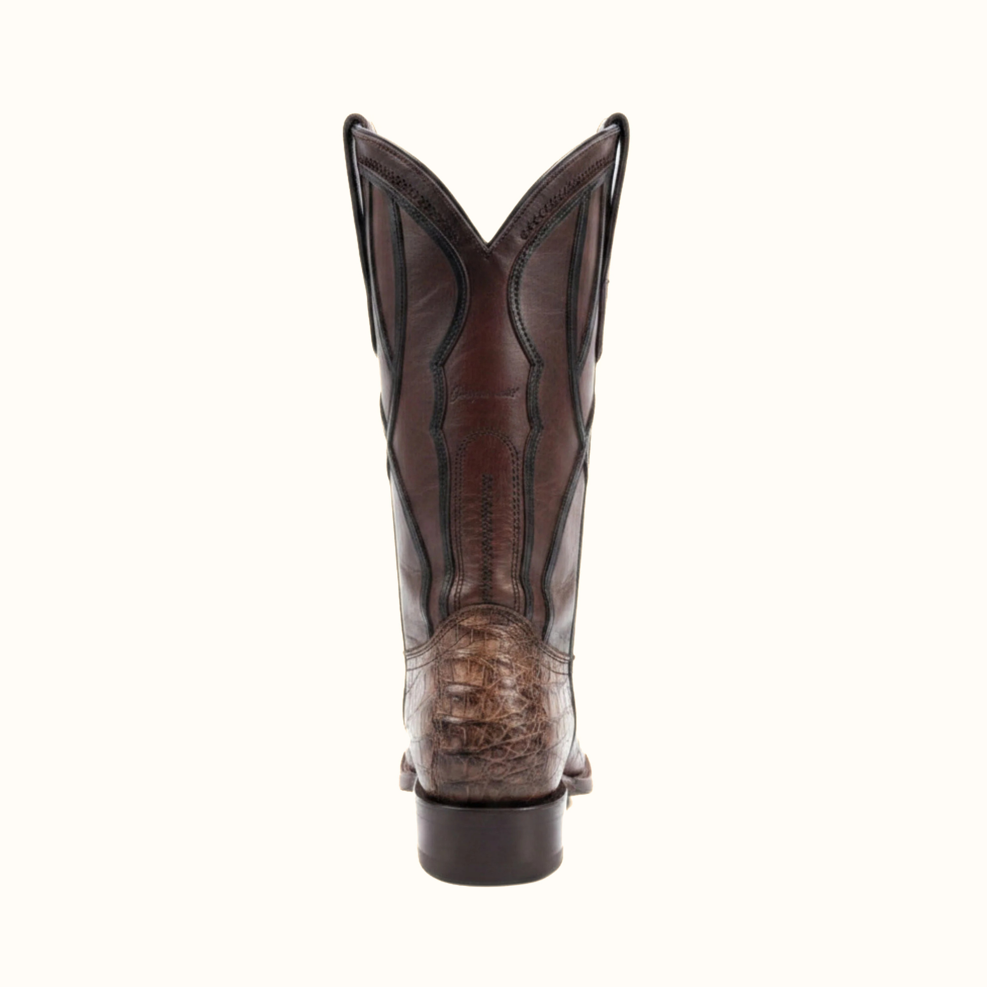 Cuadra Men’s Brown Caiman Embroidery and Woven Narrow Square Toe Boot back view with stitched shaft