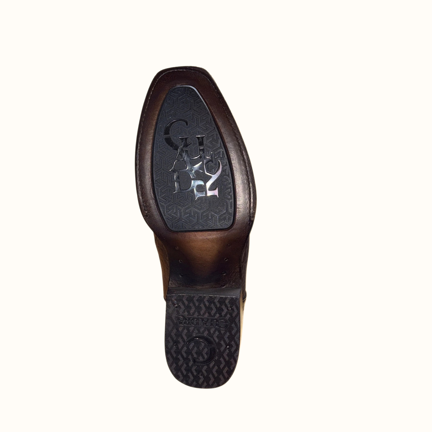 Outsole view of Cuadra Men’s Brown Caiman Embroidery and Woven Narrow Square Toe Boot