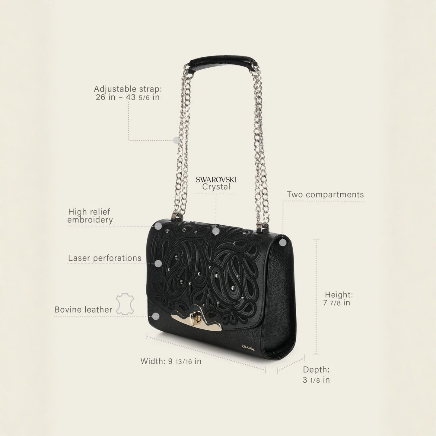 Cuadra Black Leather Crystal Shoulder Bag angled front view with dimensions