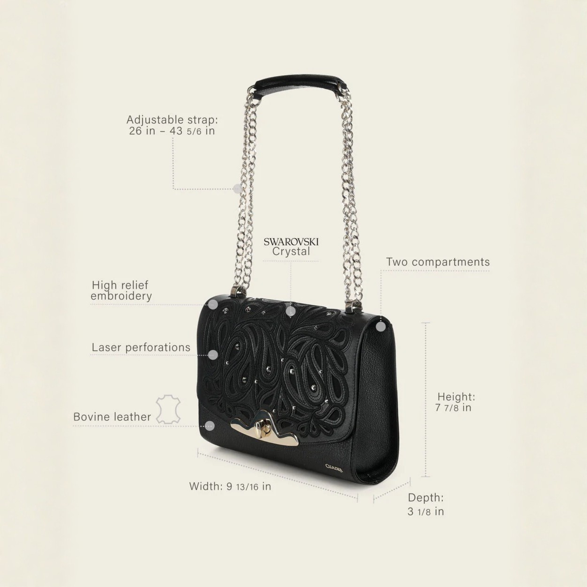 Cuadra Black Leather Crystal Shoulder Bag angled front view with dimensions