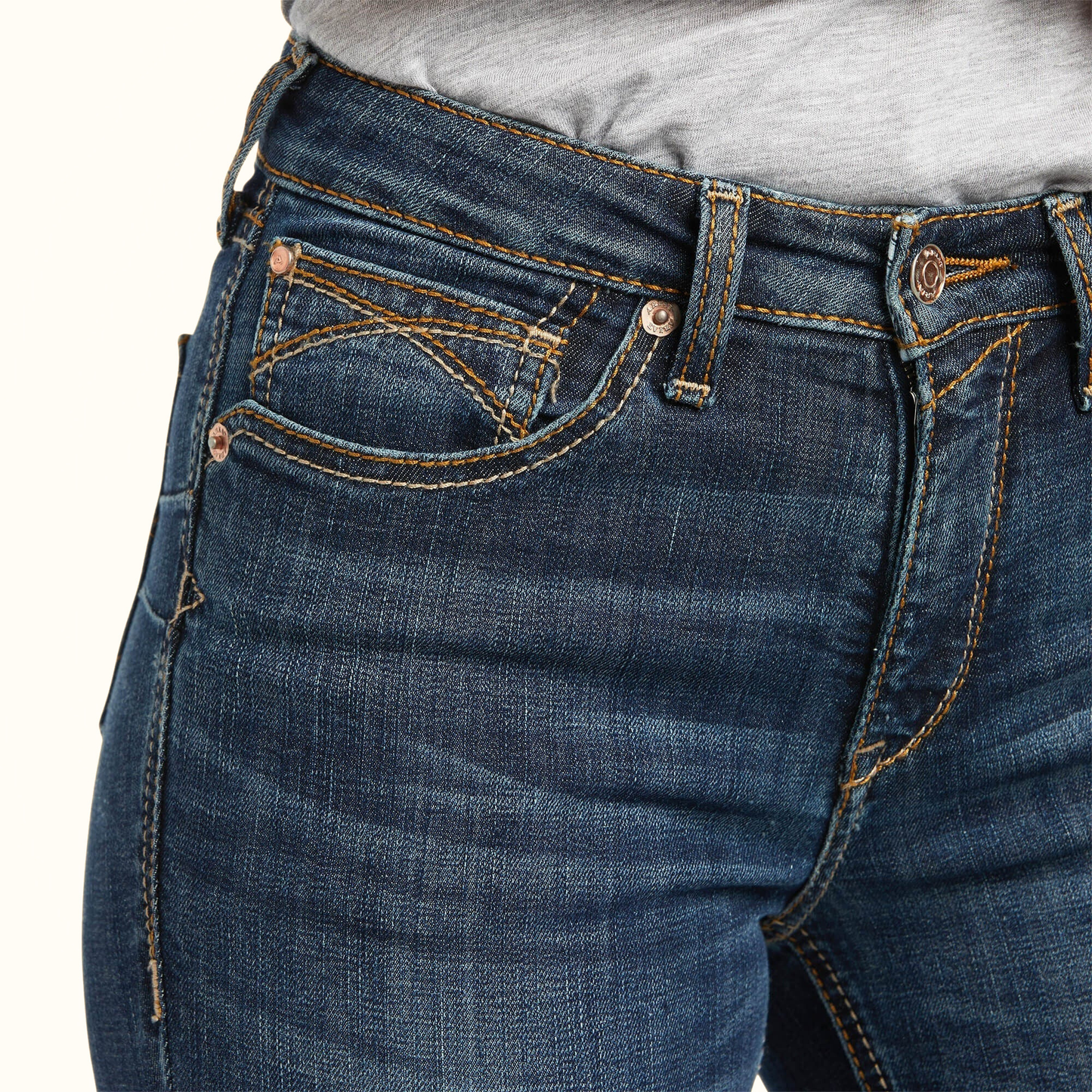 Ariat Women’s R.E.A.L. High Rise Fernanda Boot Cut Jeans Blue front pocket detail