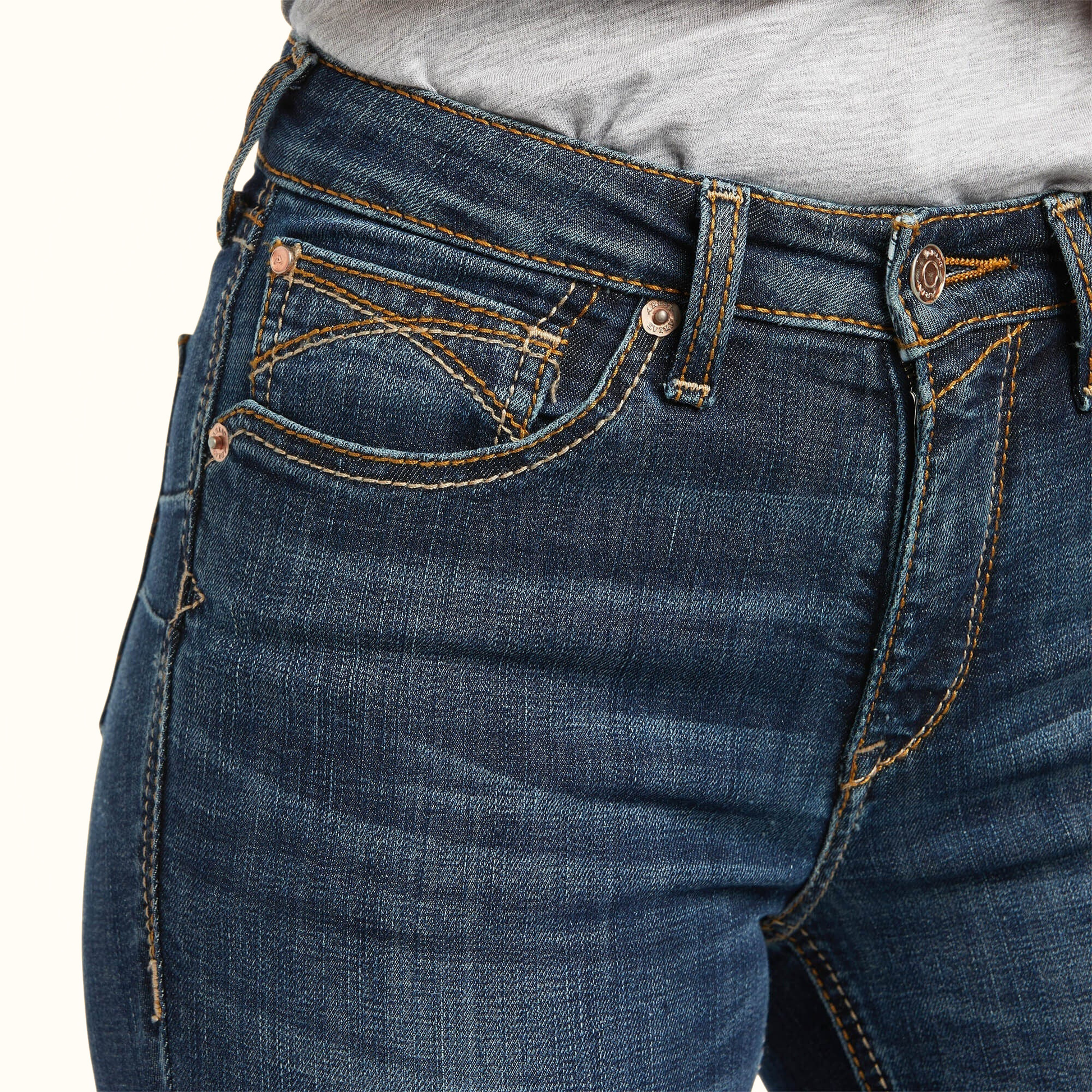 Ariat Women’s R.E.A.L. High Rise Fernanda Boot Cut Jeans Blue front pocket detail