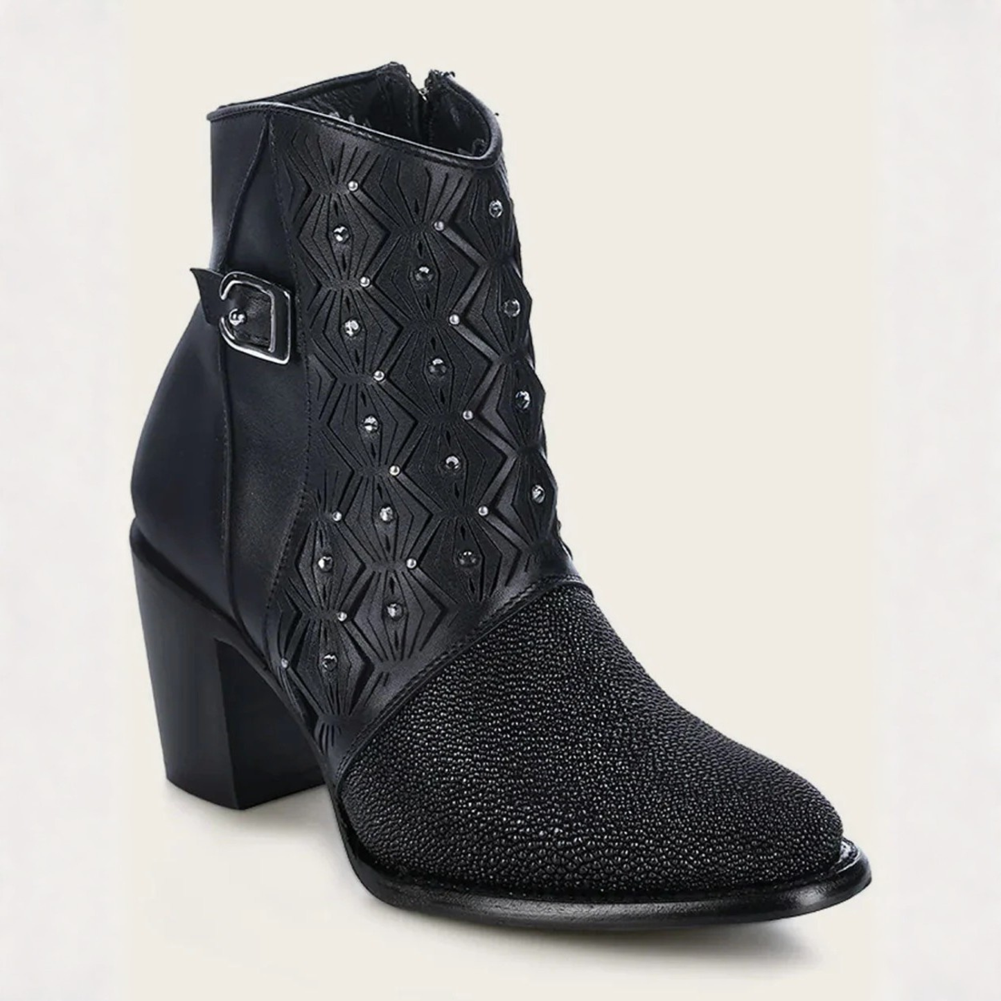Cuadra Black Stingray Crystal Ankle Bootie angled profile view