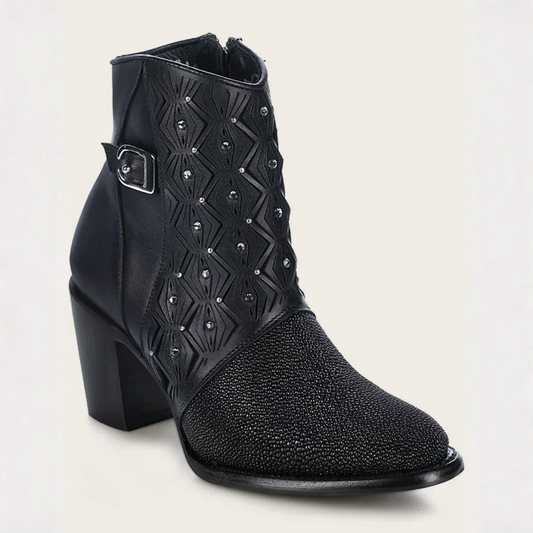 Cuadra Black Stingray Crystal Ankle Bootie angled profile view