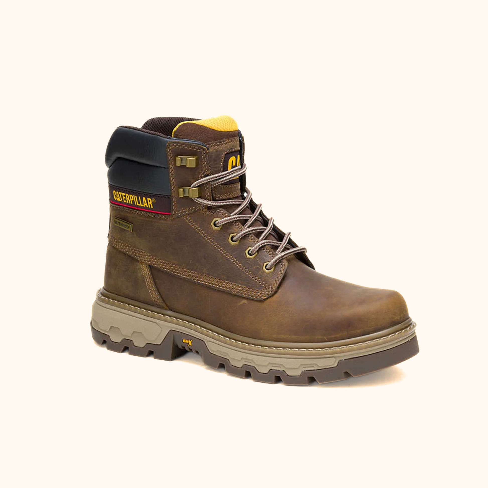 CAT Colorado Equip 6 inch Waterproof Work Boot angled side view in brown leather