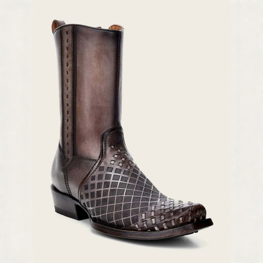 Grey Laser & Woven Narrow Square Toe Boot